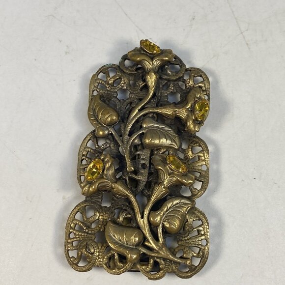 Antique Art Nouveau Fur Clip Dress Pin Filigree Goldtone Floral Rhinestone - Picture 9 of 13